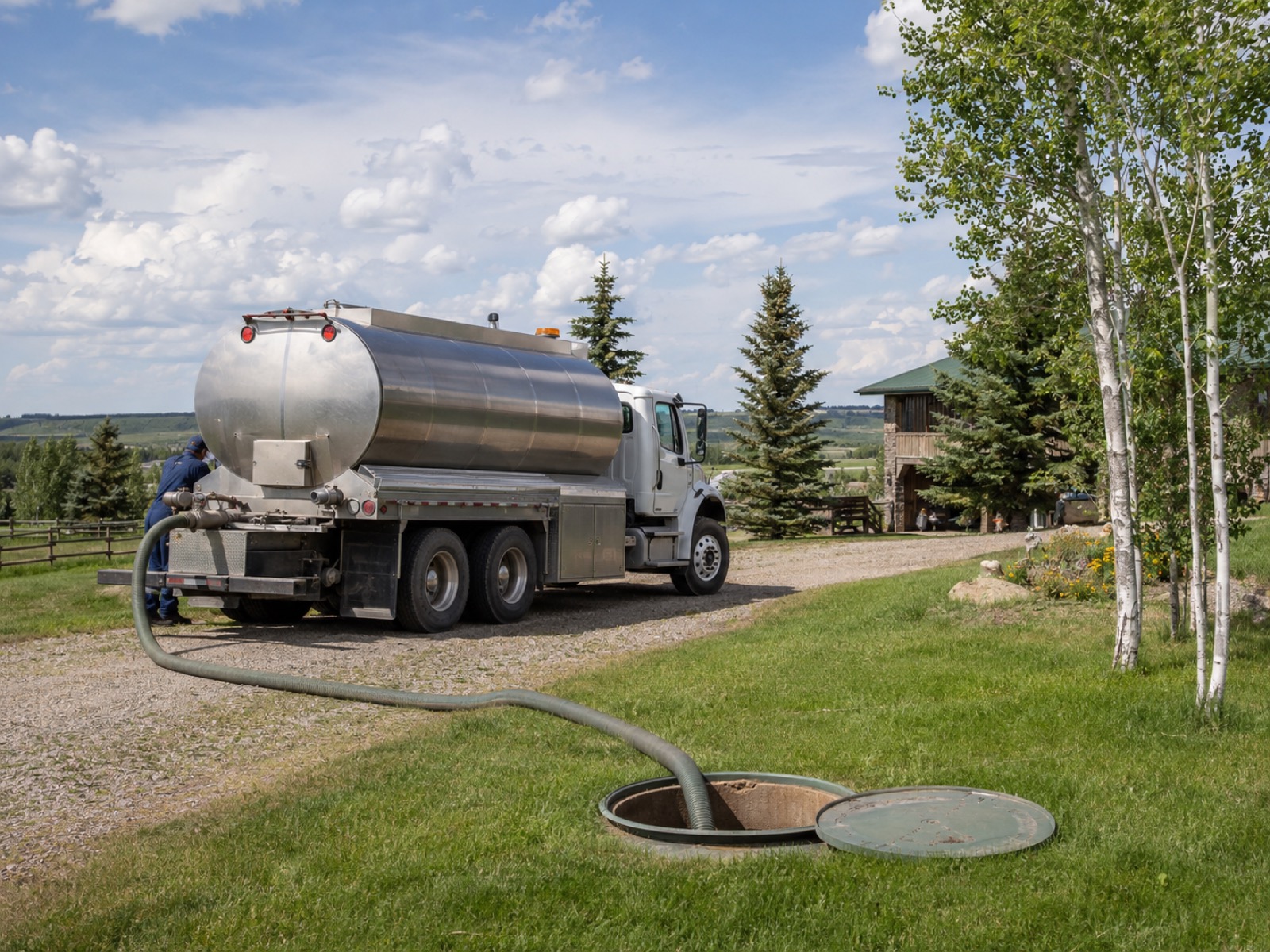 Potable water tanker truck filling an acreage cistern in rural Alberta